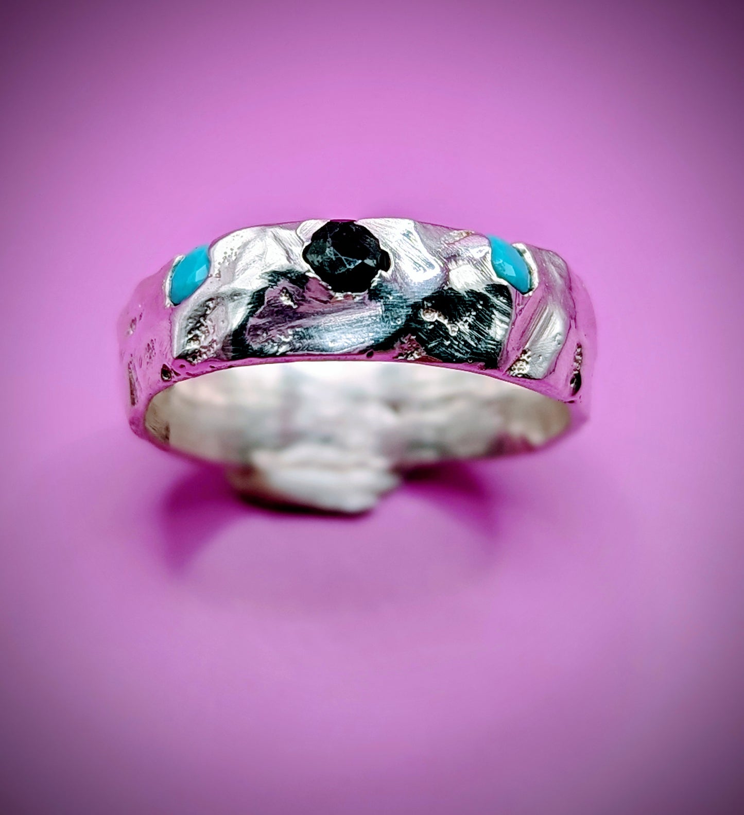 Handmade recycled silver ring with rugged texture – sandcast using wax model
