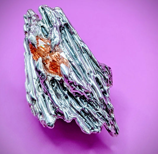 Handmade lost wax silver ring with bark-like texture – marquise champagne CZ gemstone