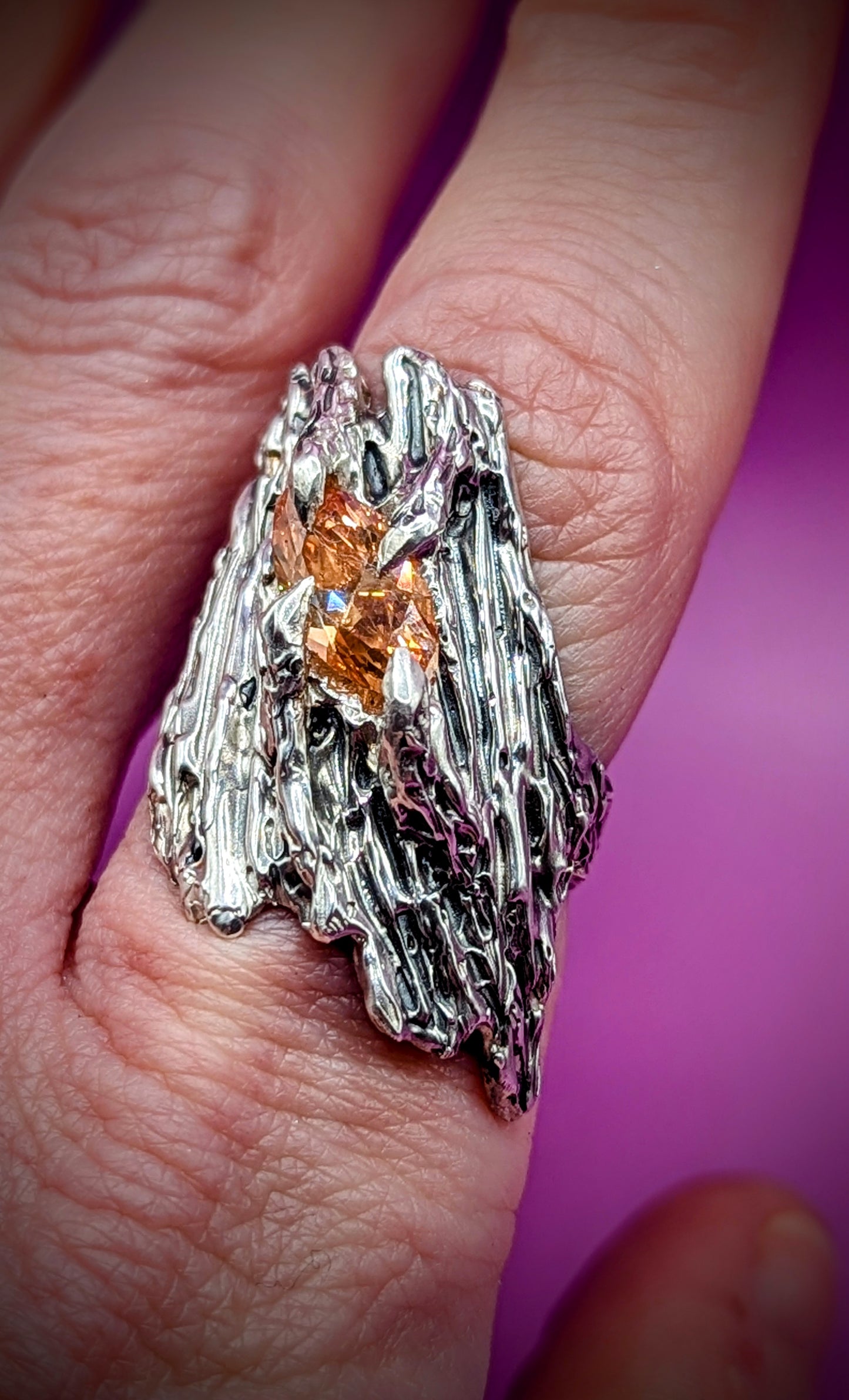 Textured lost wax ring with bold marquise cut gem – earthy, gothic handmade design