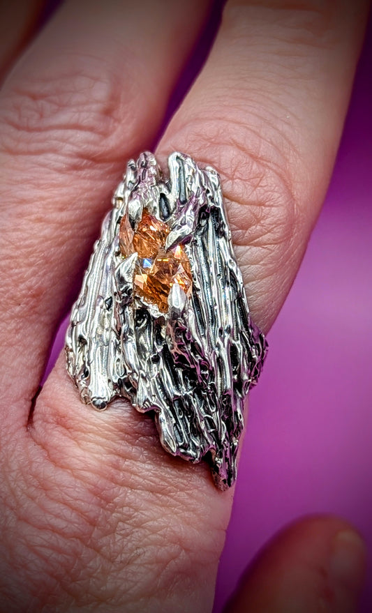 Textured lost wax ring with bold marquise cut gem – earthy, gothic handmade design