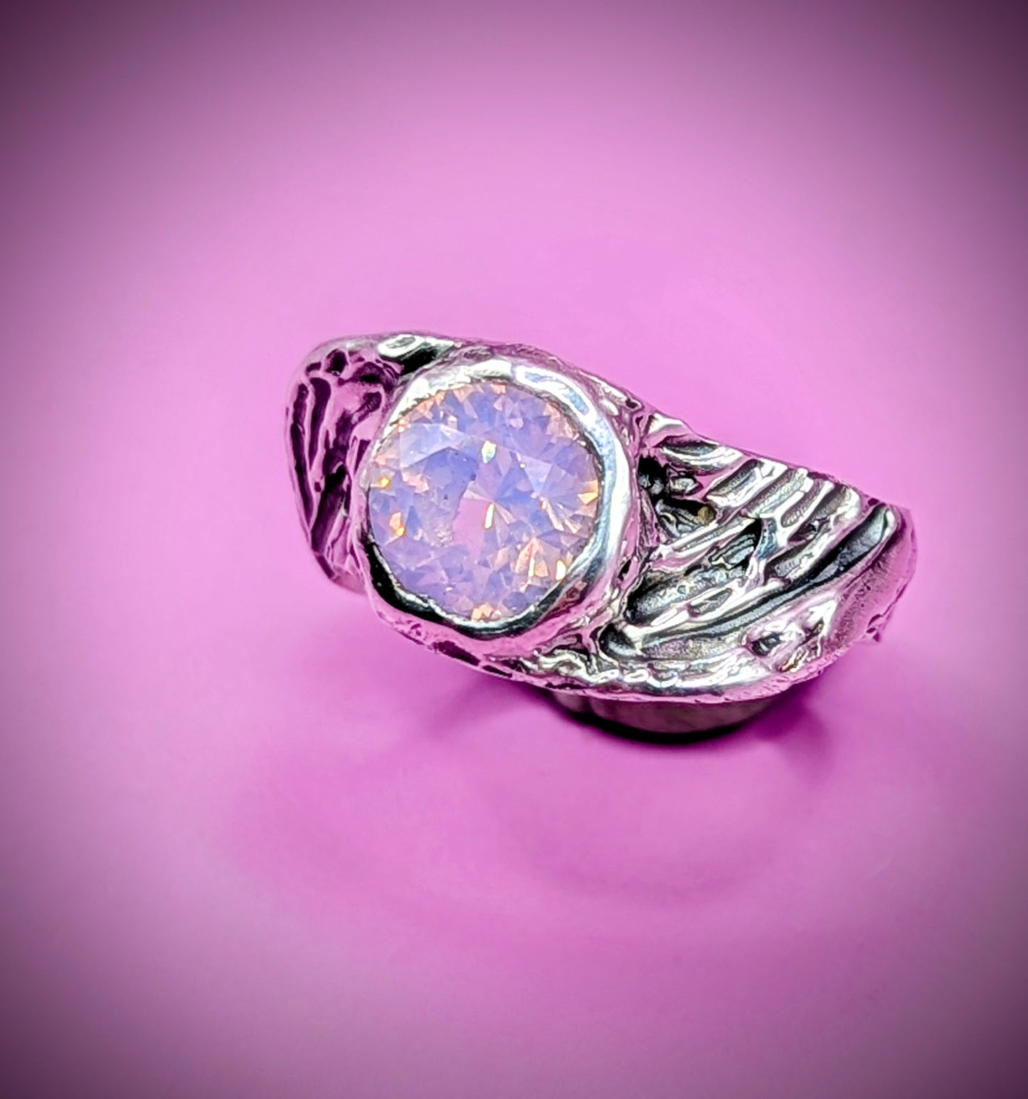 Recycled silver ring with dreamy milky opal – organic lost wax casting UK
