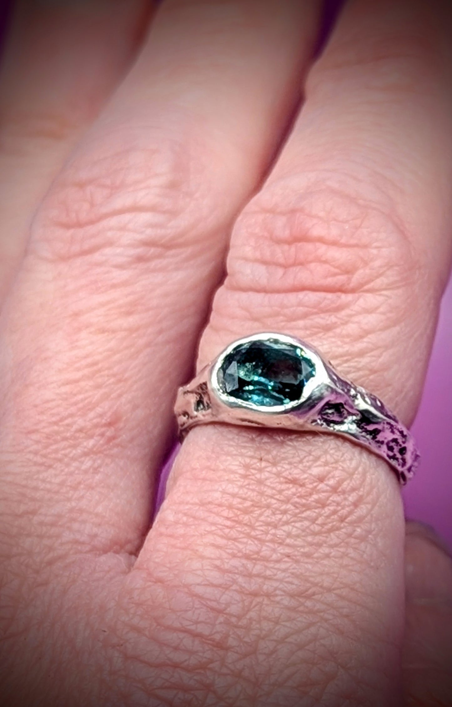Hand-sculpted silver ring with patina finish and lab-grown Alexandrite – emotional jewellery