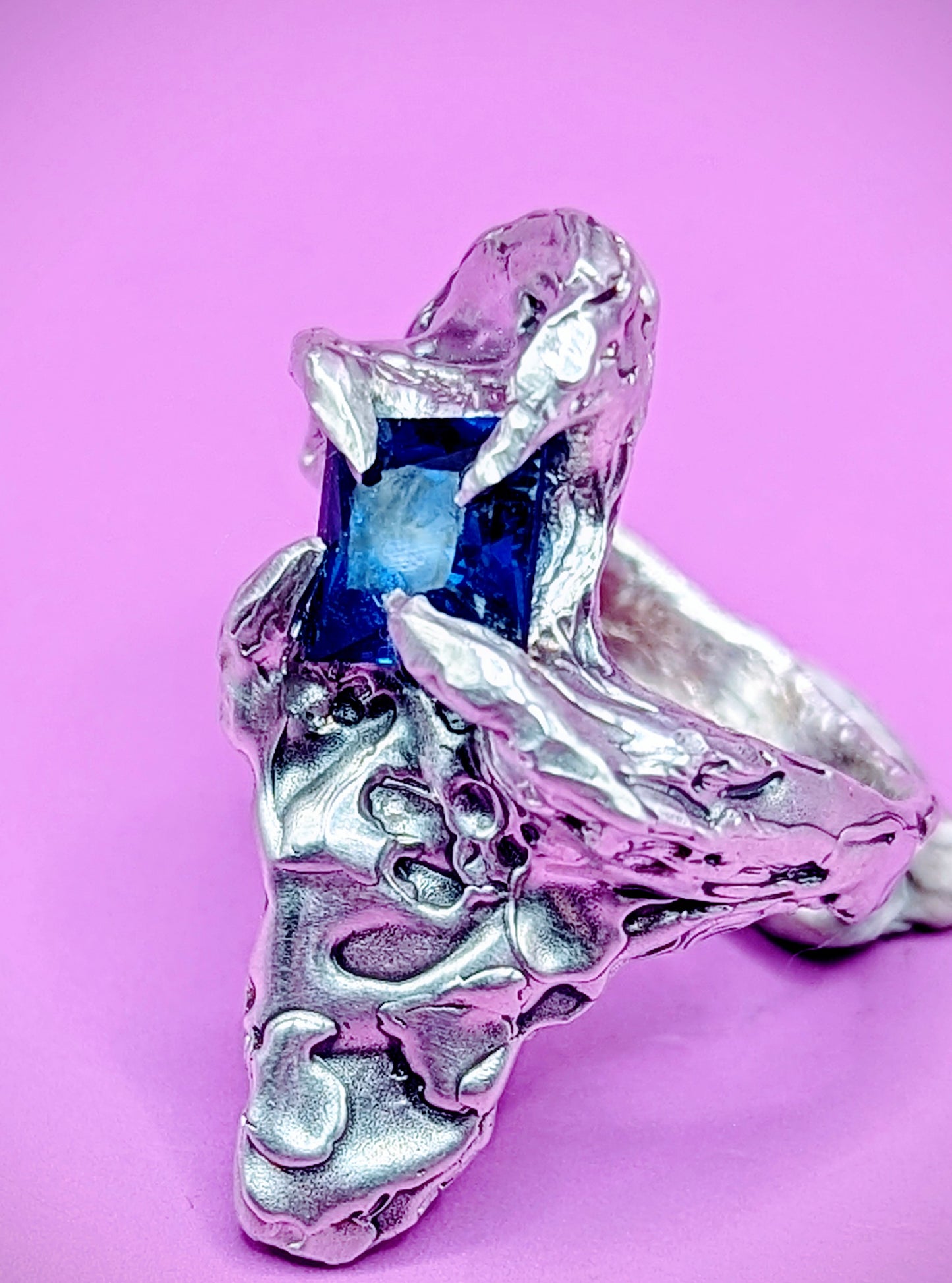 Organic sculpted silver ring with sapphire nano gem – artistic lost wax jewellery UK