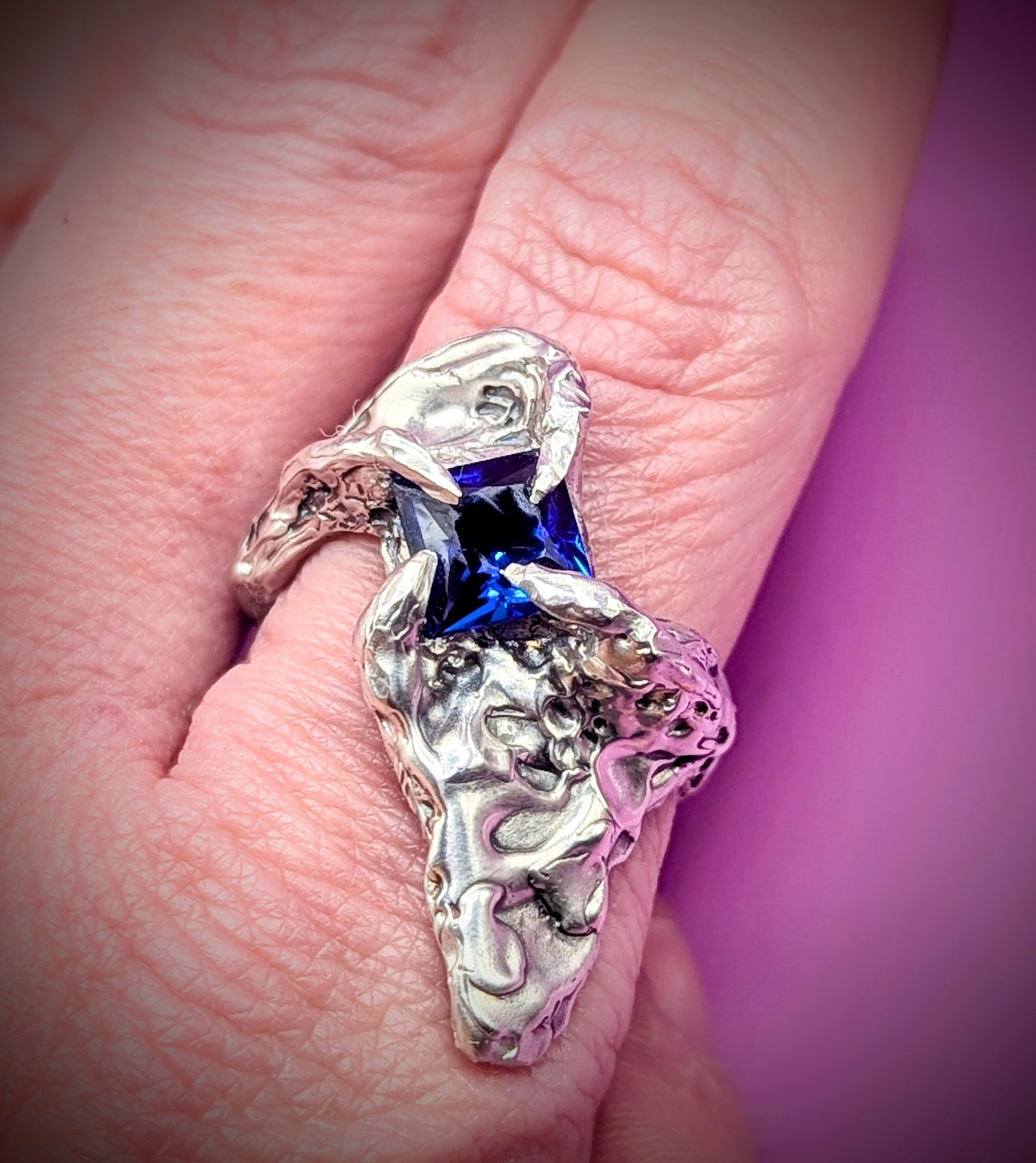 Recycled silver ring with textured surface and bold blue gemstone – handmade statement piece