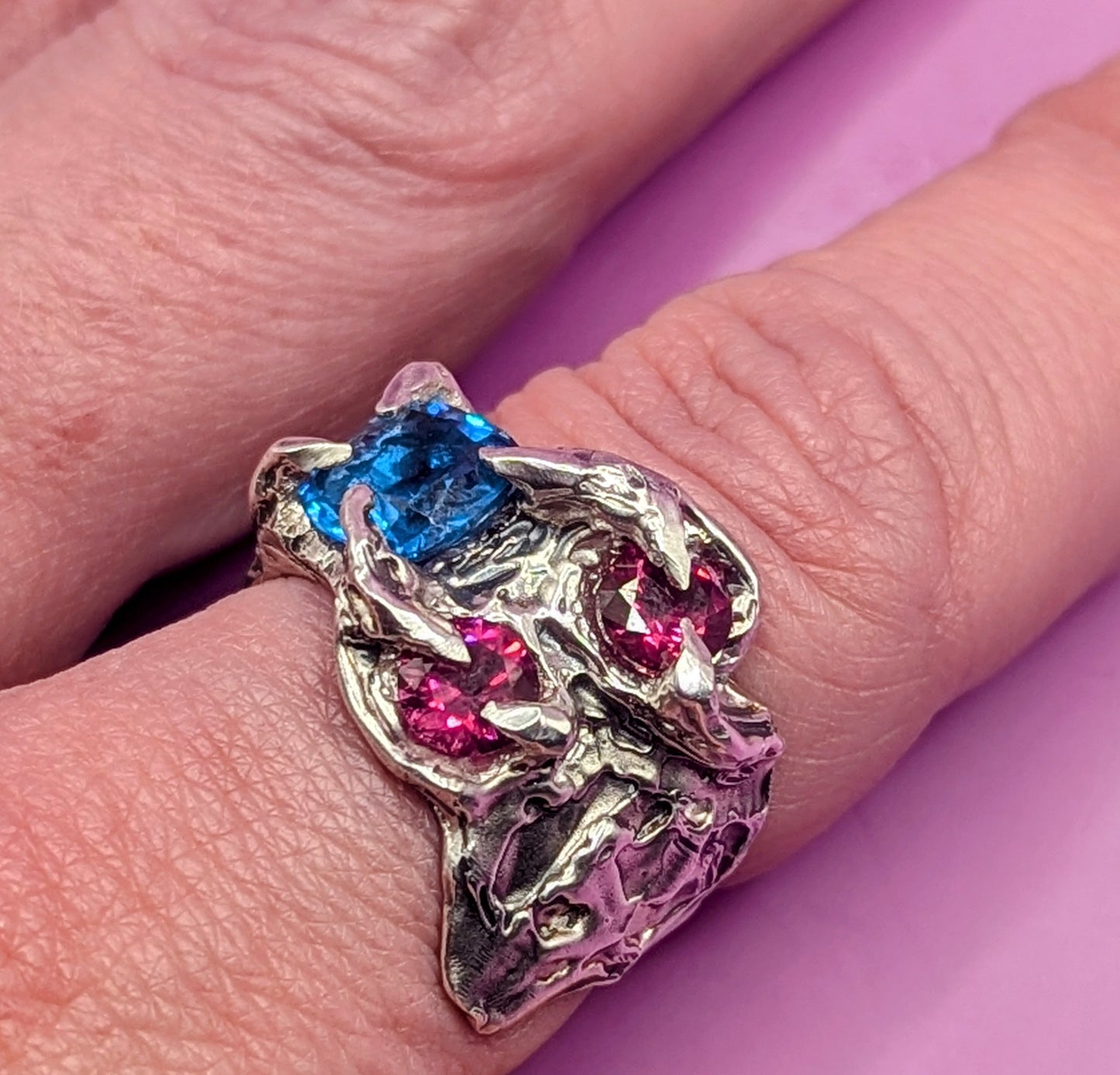 Recycled silver ring with textured band and vivid gemstones – handmade rebellious jewellery