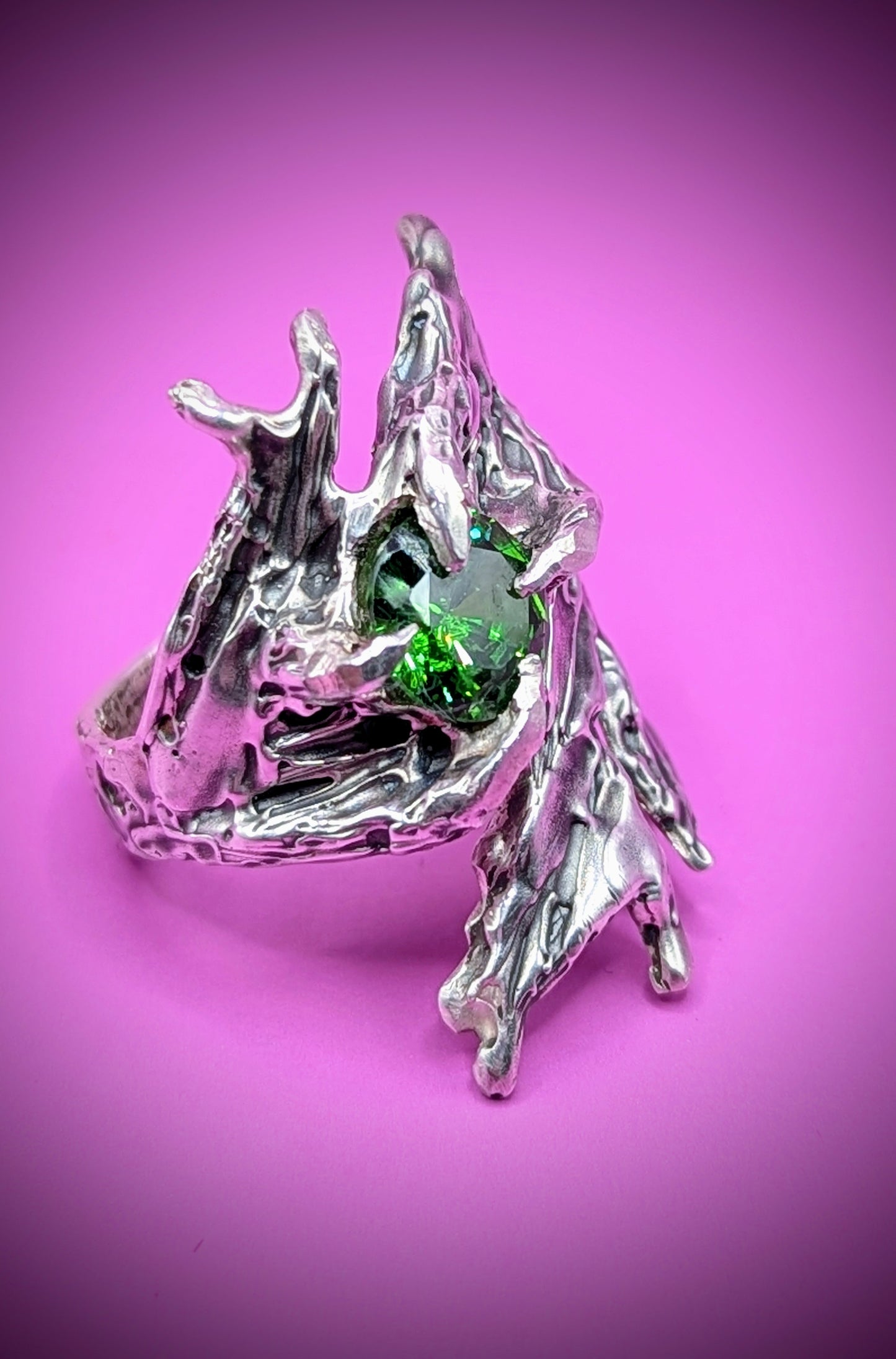 Recycled silver ring with gnarled texture and vivid green gem – handmade in UK