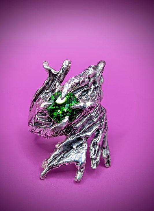 Handmade lost wax silver ring with bright green CZ – textured design inspired by wild growth