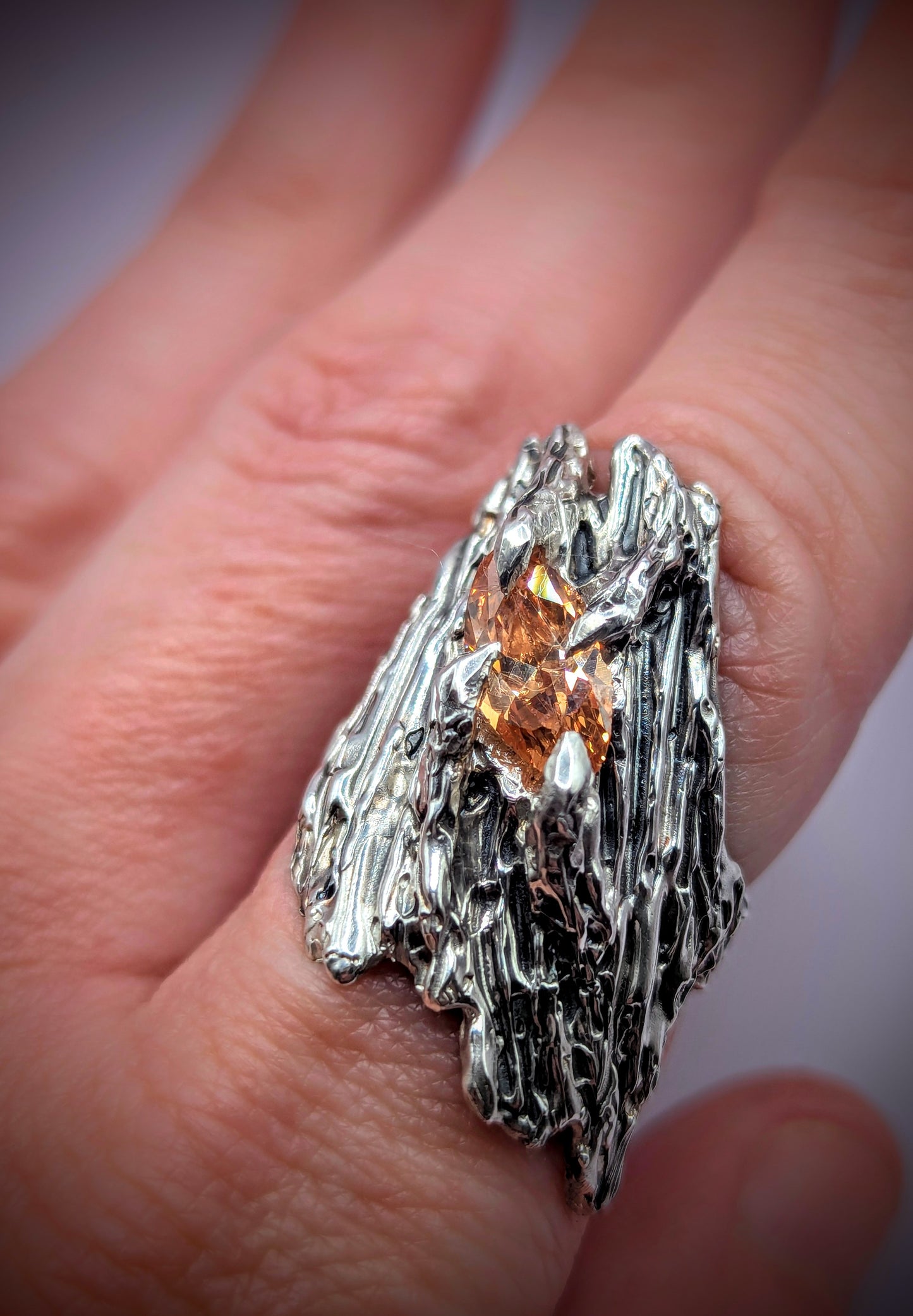 Recycled silver ring with rugged surface and long champagne stone – organic statement jewellery
