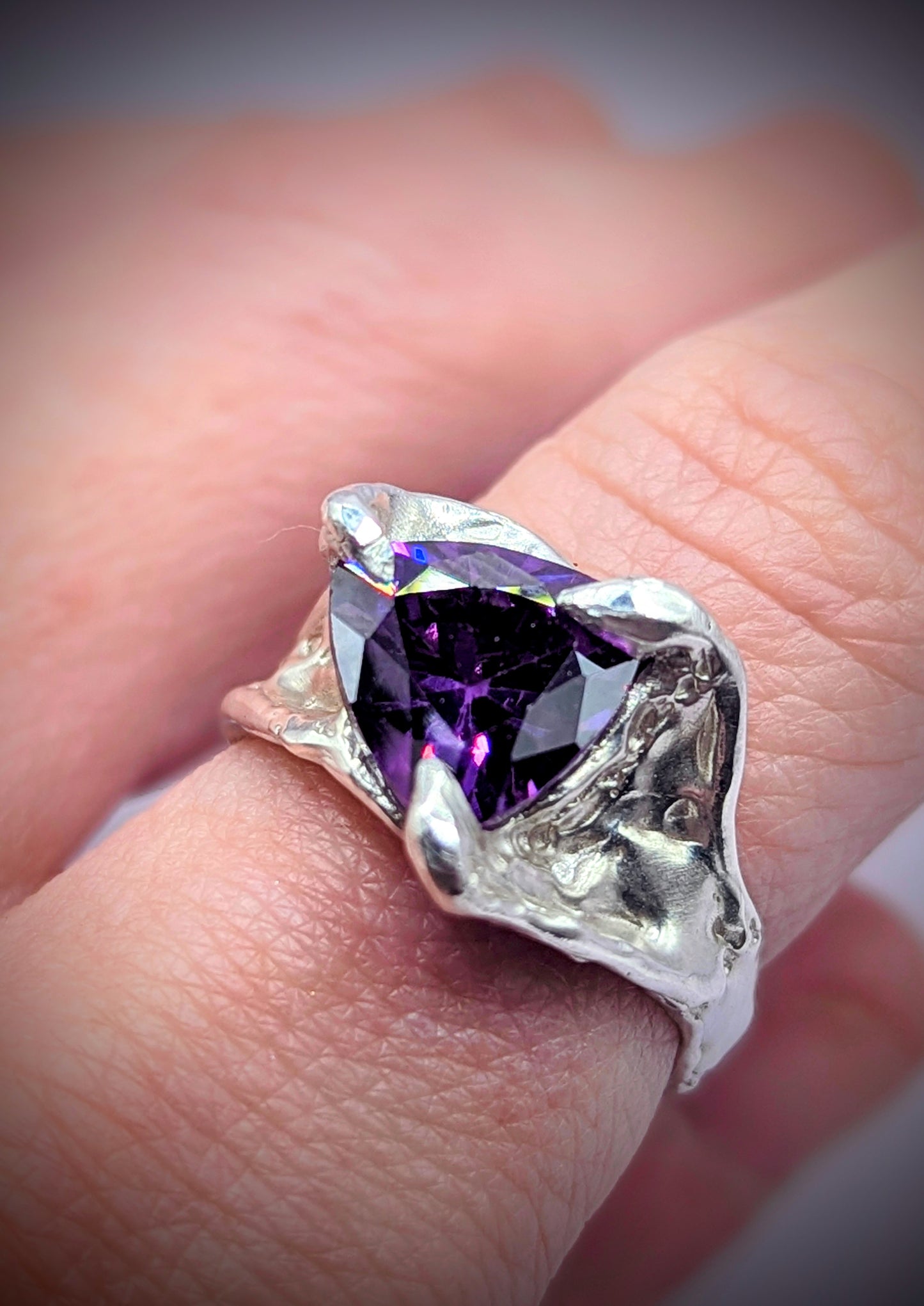 Soft textured silver ring with Trillion cut Amethyst – crafted using lost wax technique