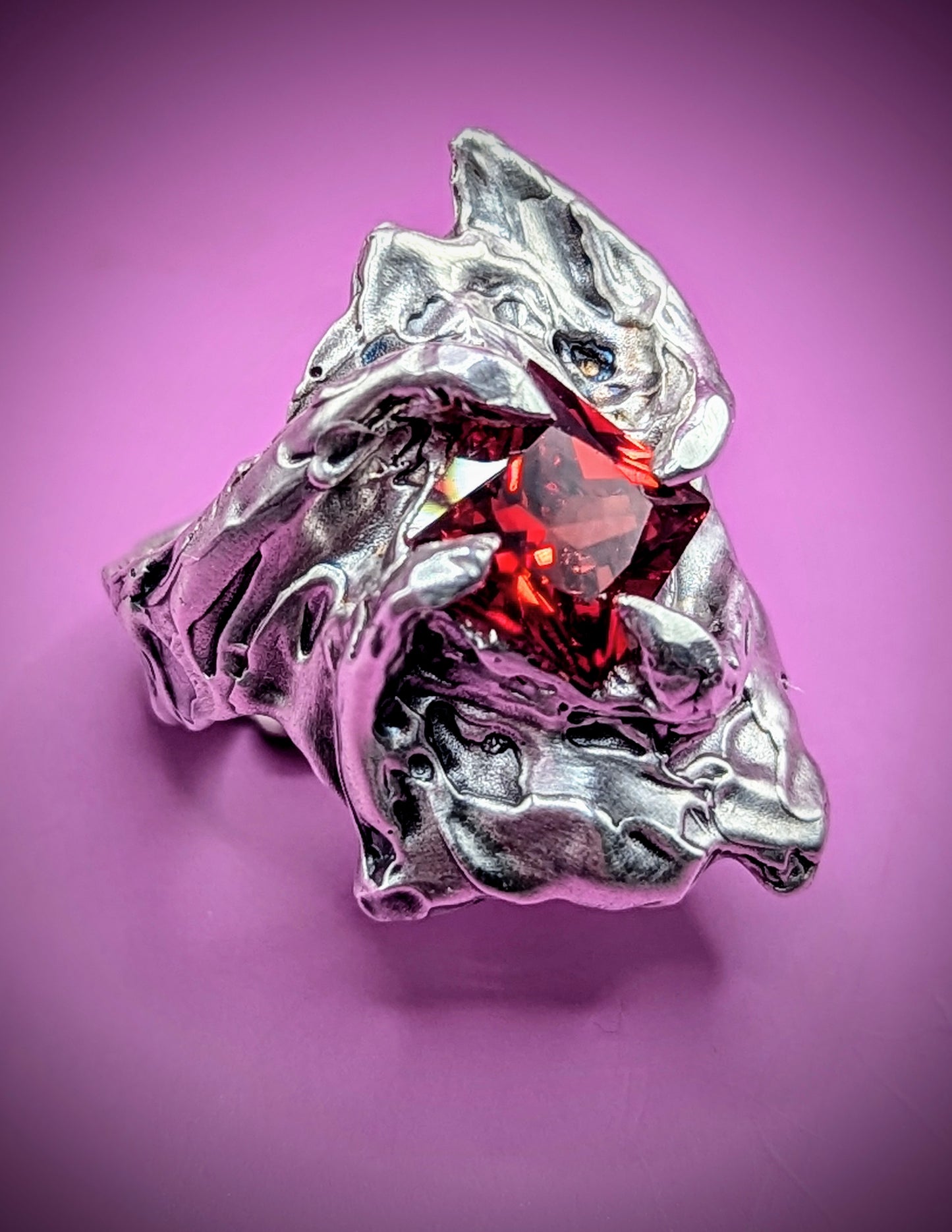 Sculptural silver ring with square red gemstone – handmade gothic jewellery UK