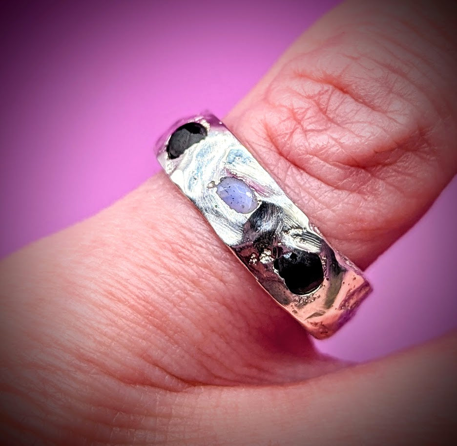 Handmade recycled silver ring with onyx and opal – emotional jewellery UK sand cast from wax