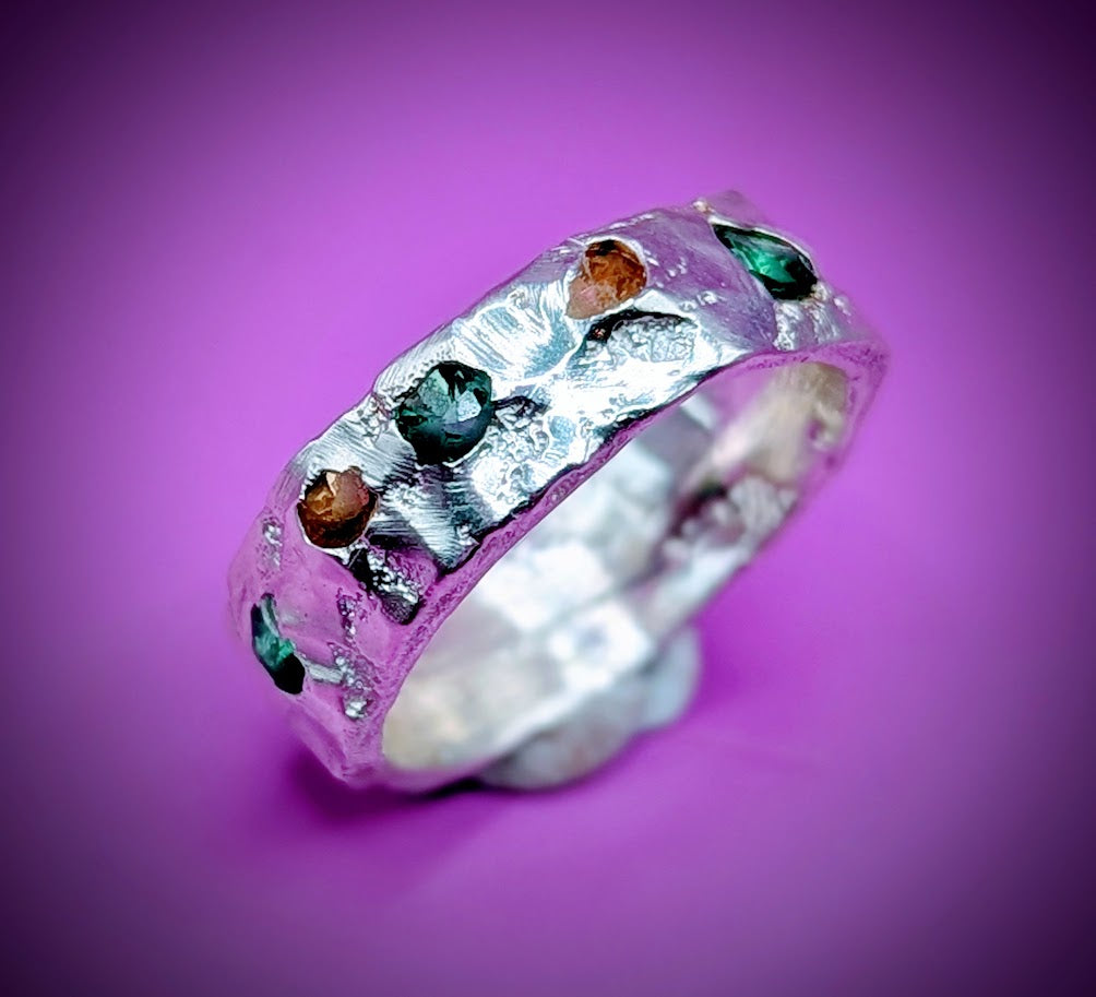 Bold recycled silver ring with organic texture and yellow-green nano gemstones – handmade in UK