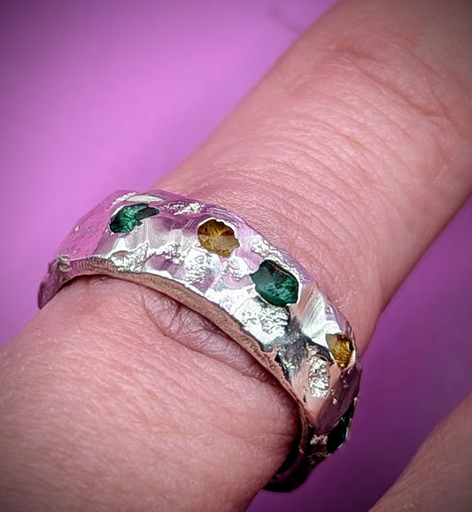 Rustic handmade silver ring with vibrant green and golden yellow nano gems – sandcast jewellery UK