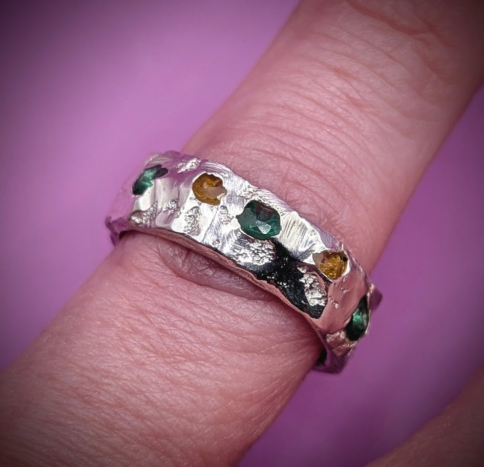 Textured silver sandcast ring with bright nano gems – ethical handmade jewellery UK