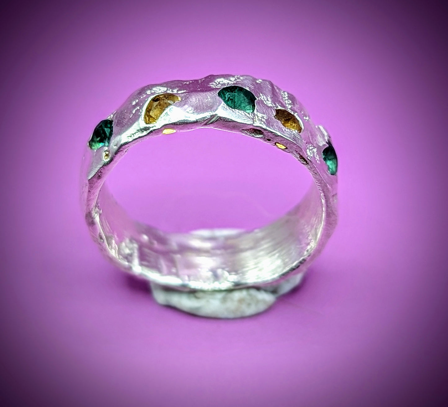 Handmade recycled silver ring with green and yellow nano gemstones – sandcast jewellery UK