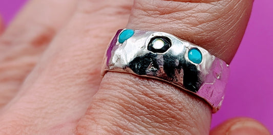 Hand-carved silver ring with onyx and turquoise gems – ethical handmade jewellery UK

