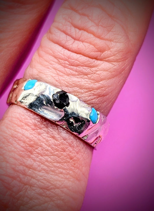 Handmade sandcast silver ring with turquoise and onyx nano gems – raw textured design
