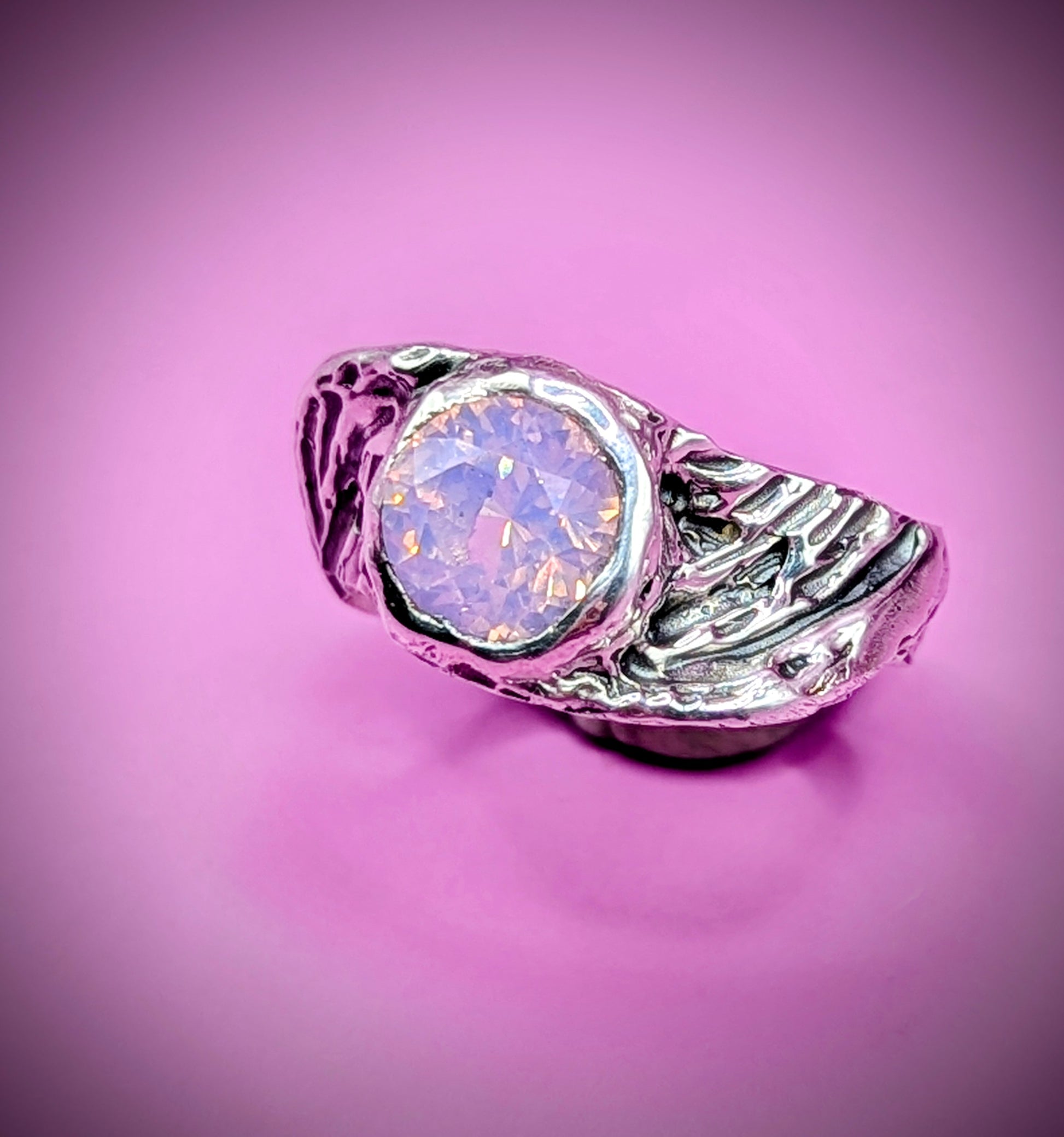 Recycled silver ring with dreamy milky opal – organic lost wax casting UK