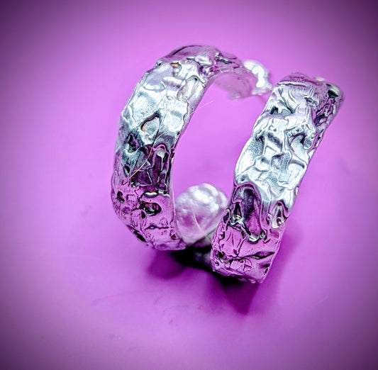Chunky handmade silver hoop earrings – lost wax casting with raw organic texture