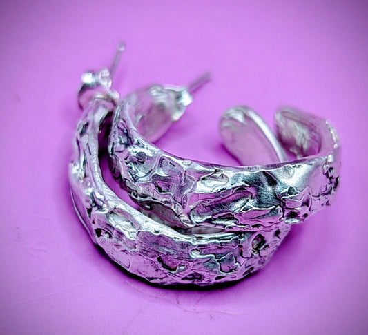 Recycled silver hoop earrings with bold surface – sculpted using lost wax technique