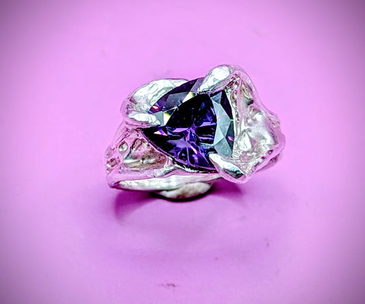 Handmade lost wax silver ring with lab-created Amethyst – sculptural organic design