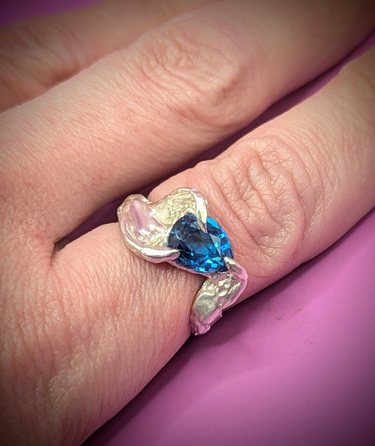 Handmade lost wax silver ring with blue-green Tourmaline nano gem – bold sculptural design