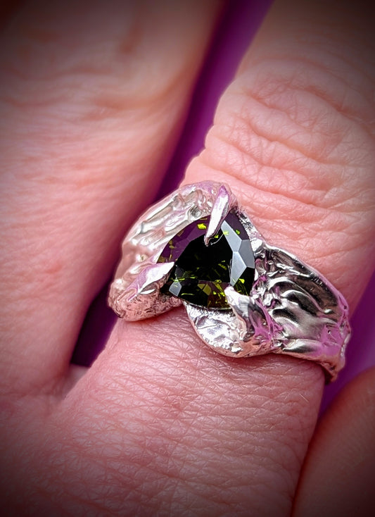 Handmade lost wax silver ring with bold claw setting – sculptural recycled jewellery