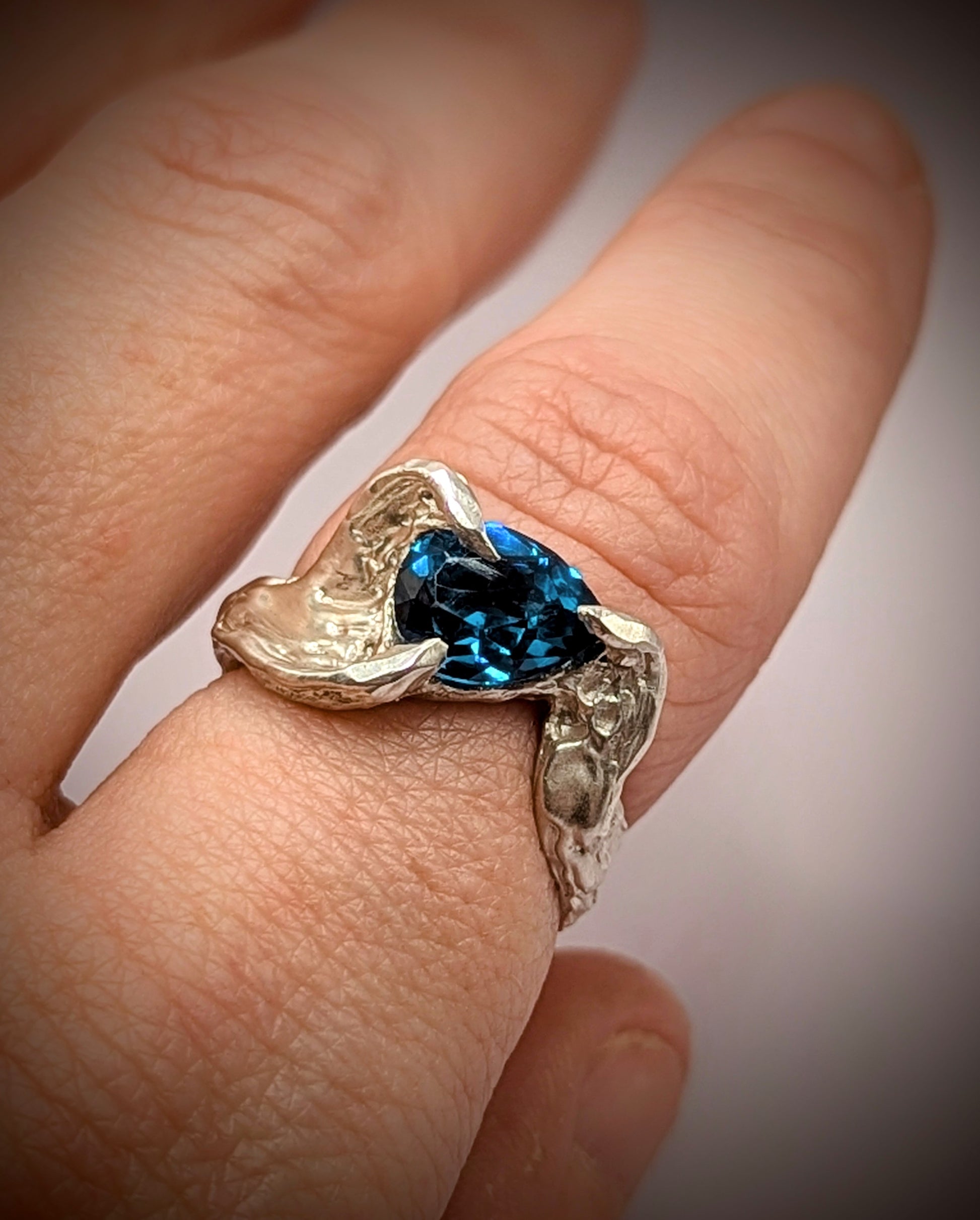 Recycled silver ring with bohemian texture and vivid pear-shaped gemstone – handmade UK