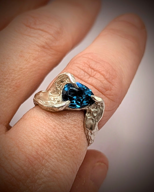 Recycled silver ring with bohemian texture and vivid pear-shaped gemstone – handmade UK