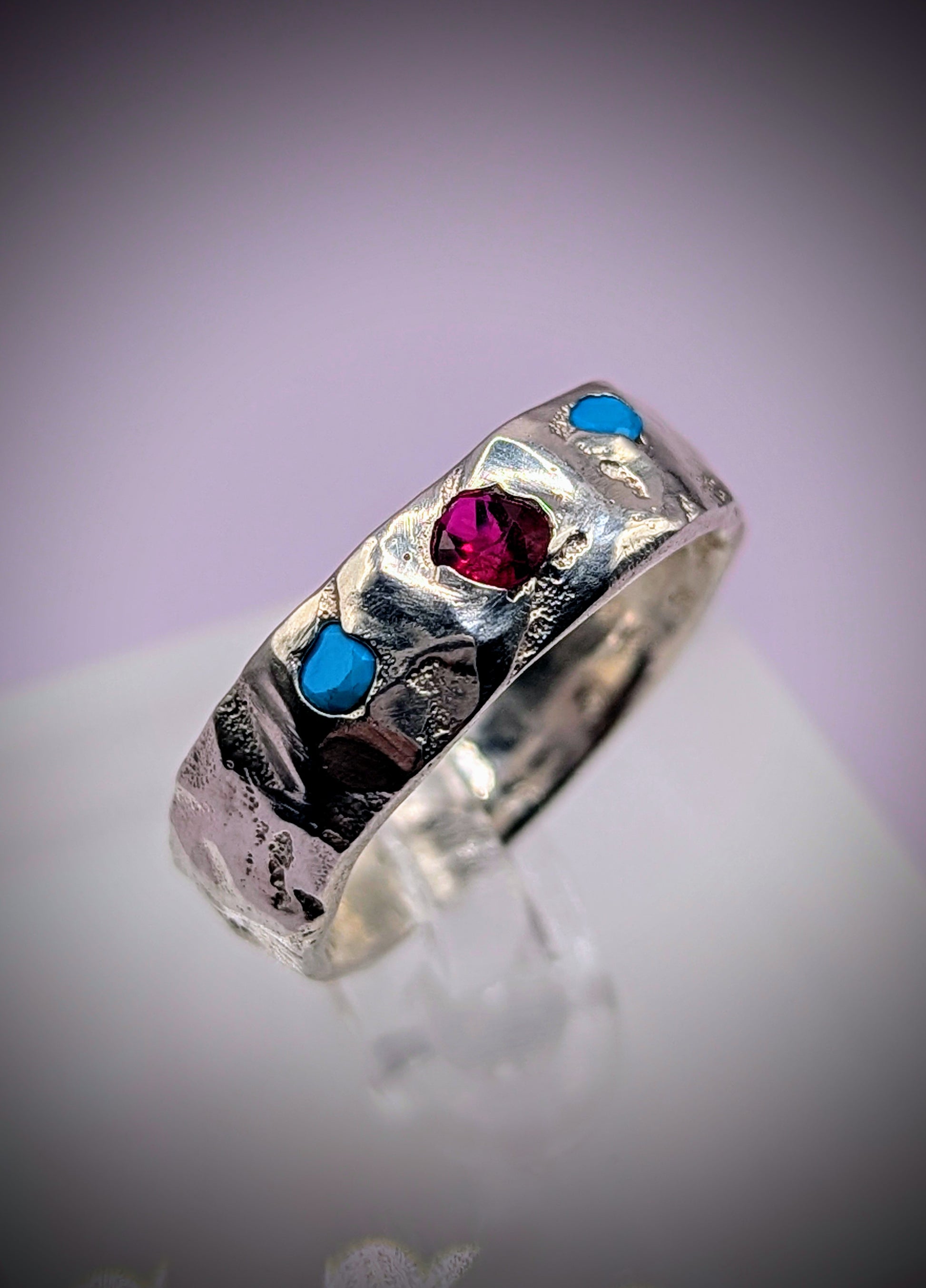 Recycled silver ring with vibrant gemstones – textured band with handmade finish