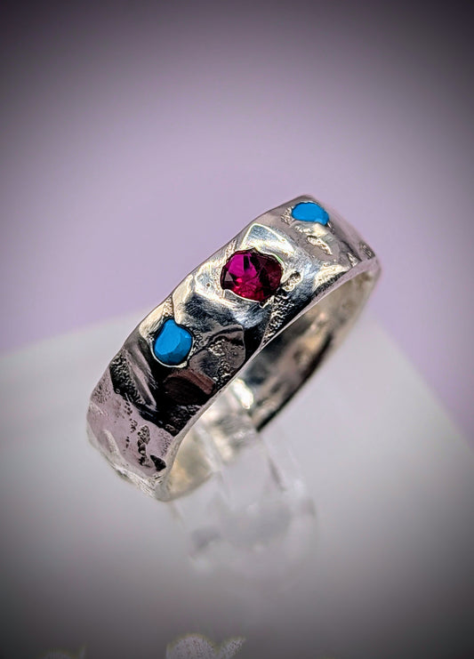 Recycled silver ring with vibrant gemstones – textured band with handmade finish