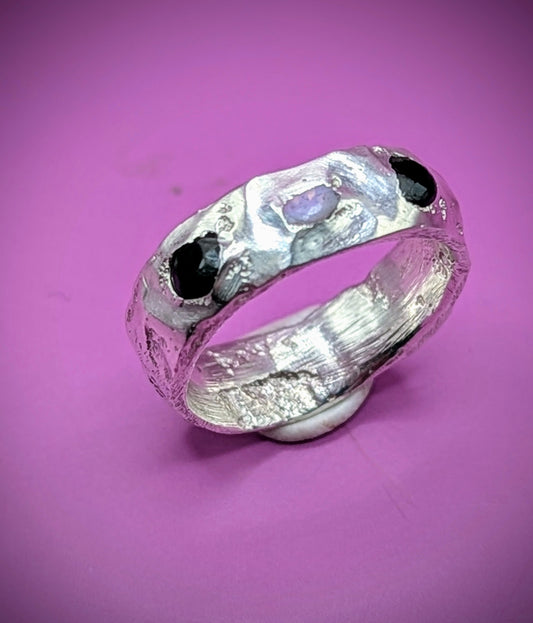 Handmade recycled silver ring with onyx and opal – emotional jewellery UK sand cast from wax