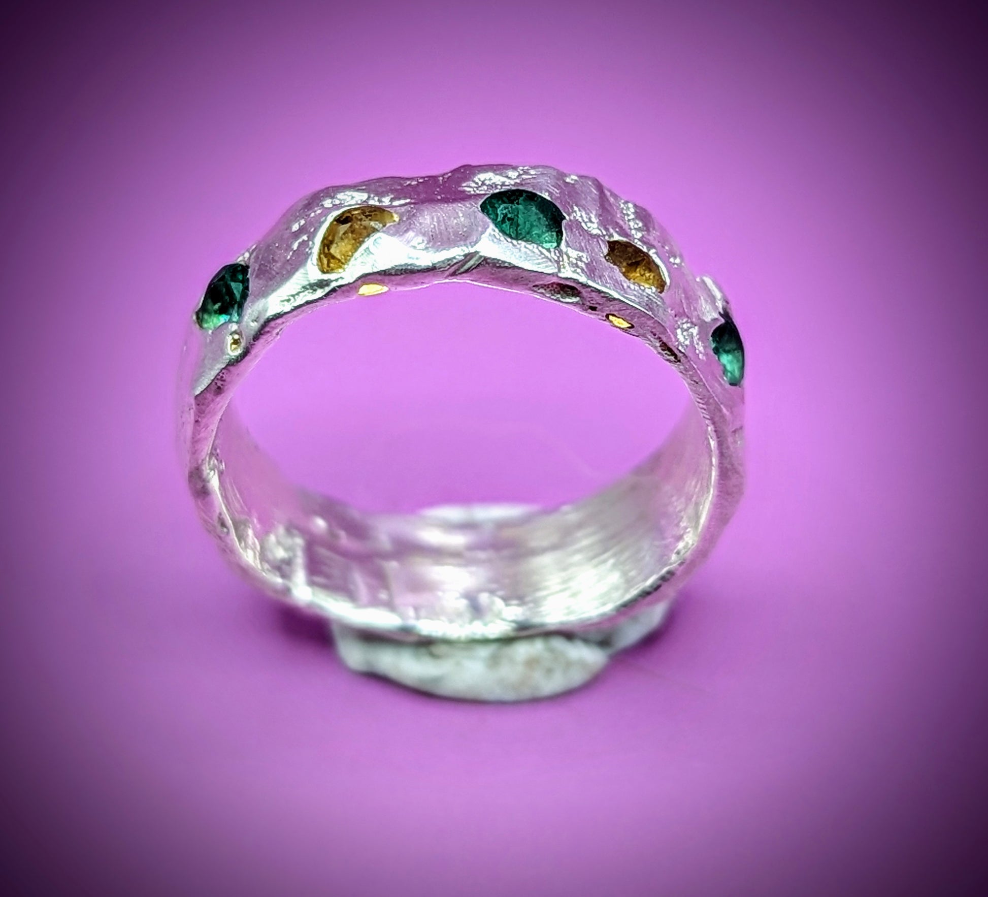 Handmade recycled silver ring with green and yellow nano gemstones – sandcast jewellery UK