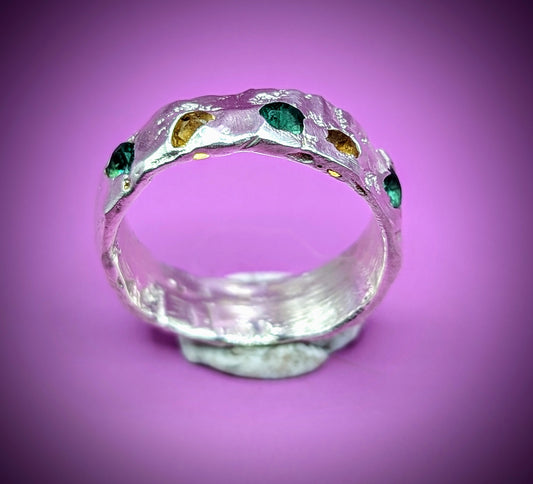 Handmade recycled silver ring with green and yellow nano gemstones – sandcast jewellery UK